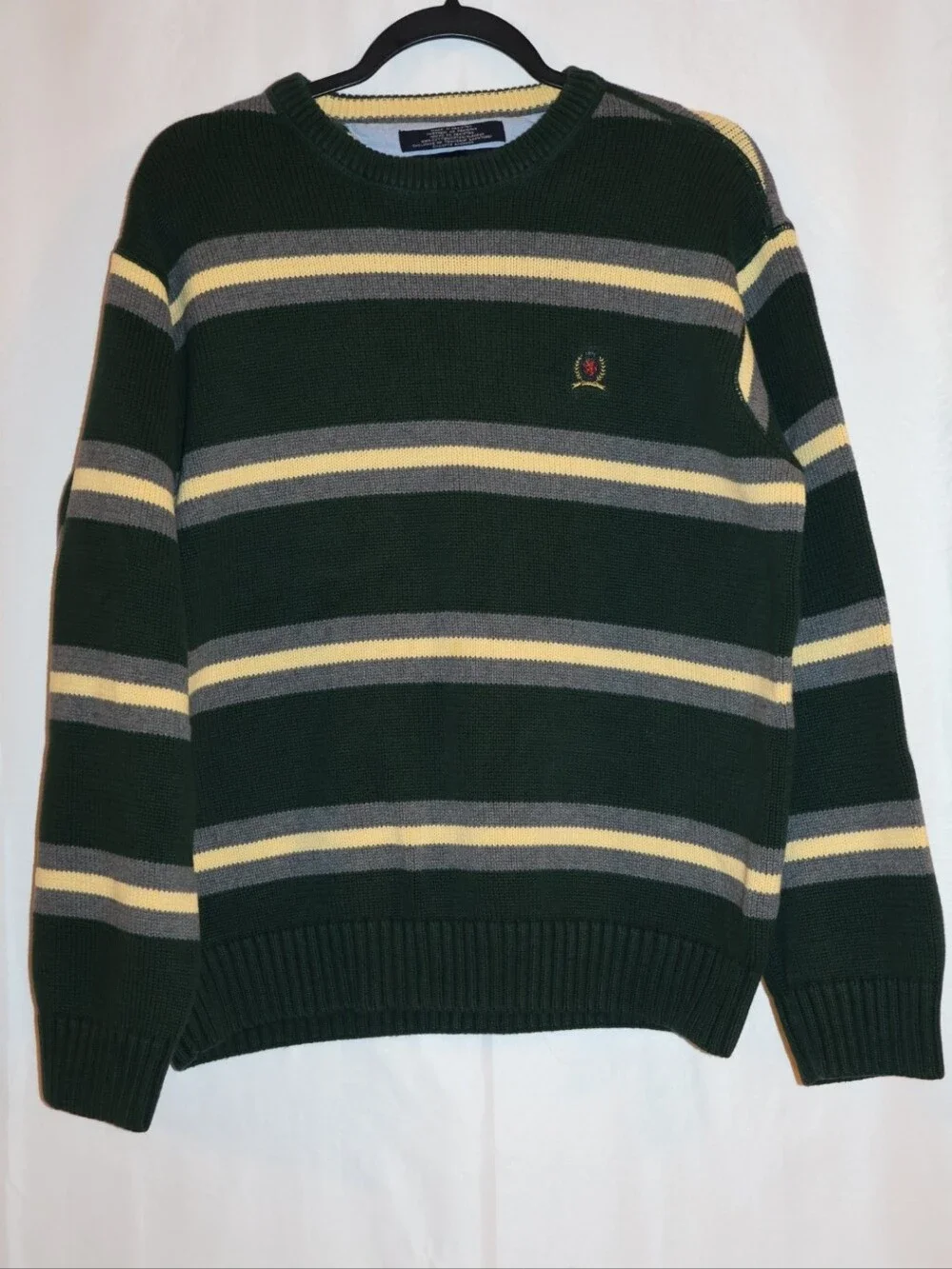 Vintage Tommy Hilfiger Forest Green Striped, Cotton Crewneck Sweater.
